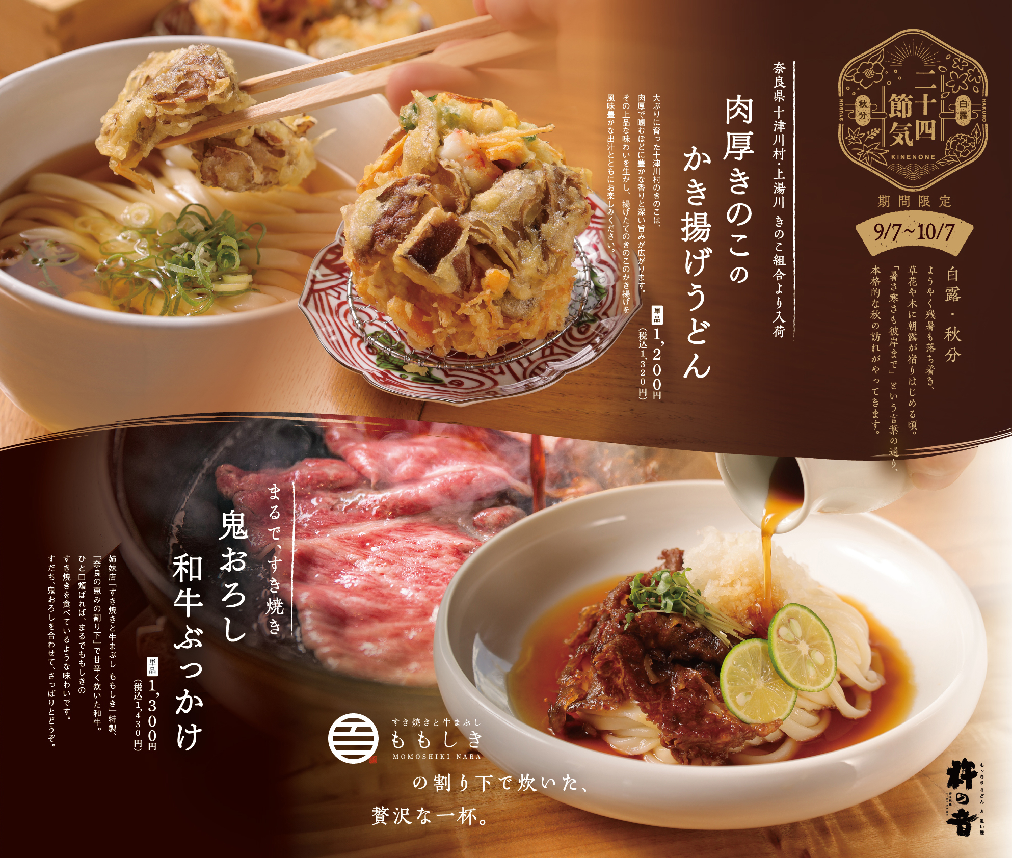 期間限定メニュー　杵の音　肉厚きのこのかき揚げうどん　鬼おろし和牛ぶっかけ